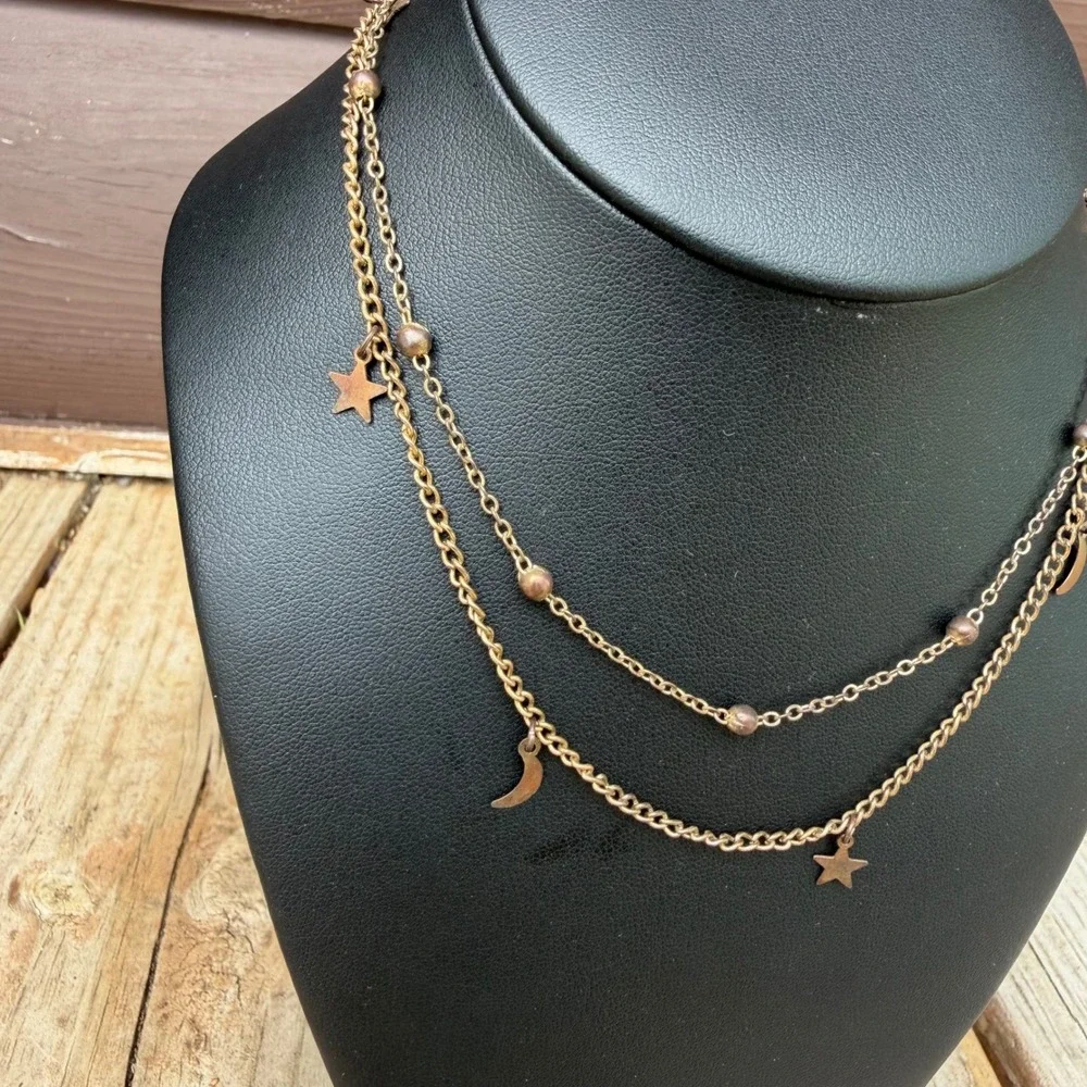 Whimsigoth Moon Star Layered Necklace Bronze Tone Celestial Dainty